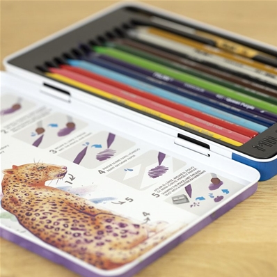 Milan Boîte métallique 12 crayons de couleur aquarellables sans bois + 1 pinceau