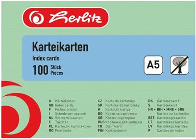 herlitz Fiches bristol, A5, ligné, vert